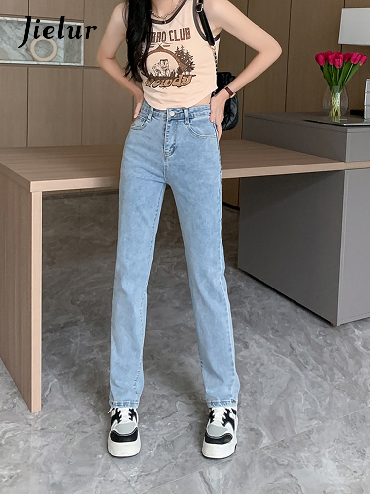 Jielur Light Blue Denim Pants Narrow Jeans Women Spring Korean New Fashion High Waist Slim Straight Jeans Female Simple Basic