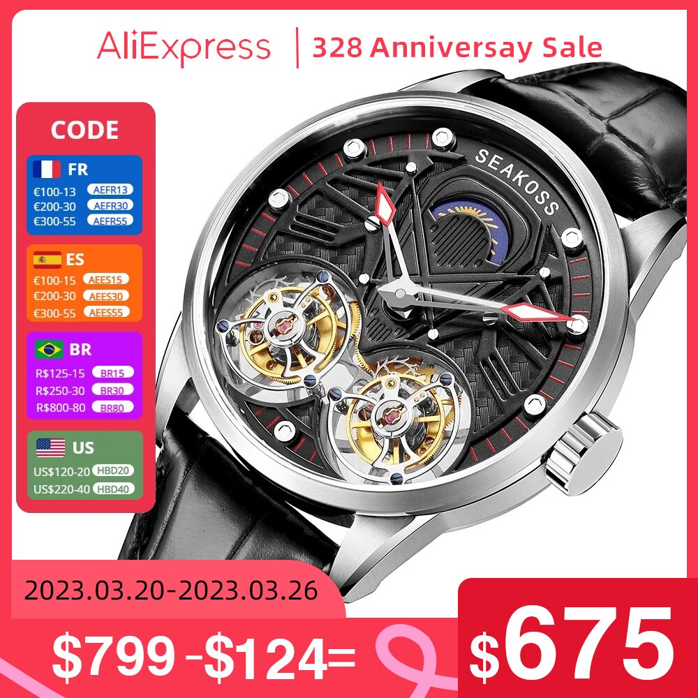 SEAKOSS Super Men's Real Dual Tourbillon Watches 2021 Limited Edition Luminous Hands Manual Winding Pilots Men Mechanical Watch