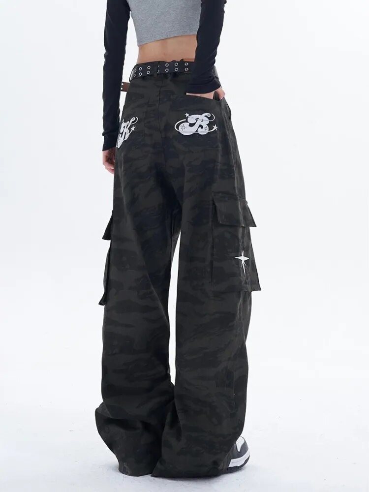 Y2K Women Vintage Streetwear Baggy Camouflage Star Cargo Jeans High Waist Straight Wide Leg Pants Oversize Trousers Alt Clothes