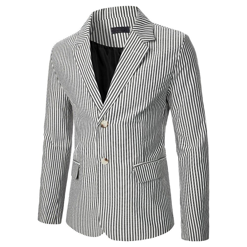 Men Long Sleeve Blazer Classic Stripe Pattern Fabric Causal Business Fashion Streetwear Slim Fit Two Buckles Men Blazer